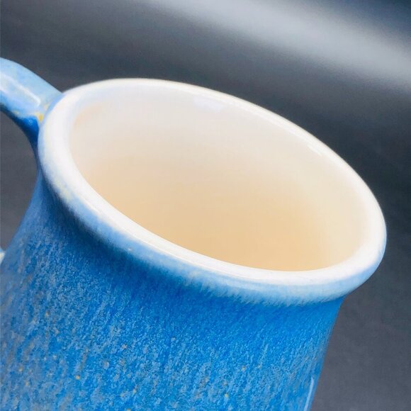 70s Beauce Ceramic Blue Ironstone Coffee Mug Textured Green Yellow Underglaze - Picture 8 of 13